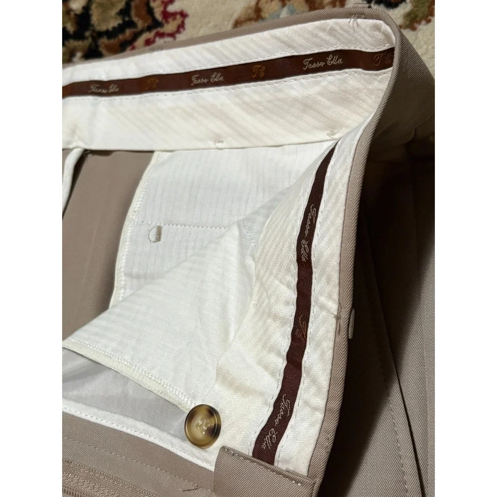 Tasso Elba Wool Dress Pants Mens 35x31 Beige Pleated Cuffed
